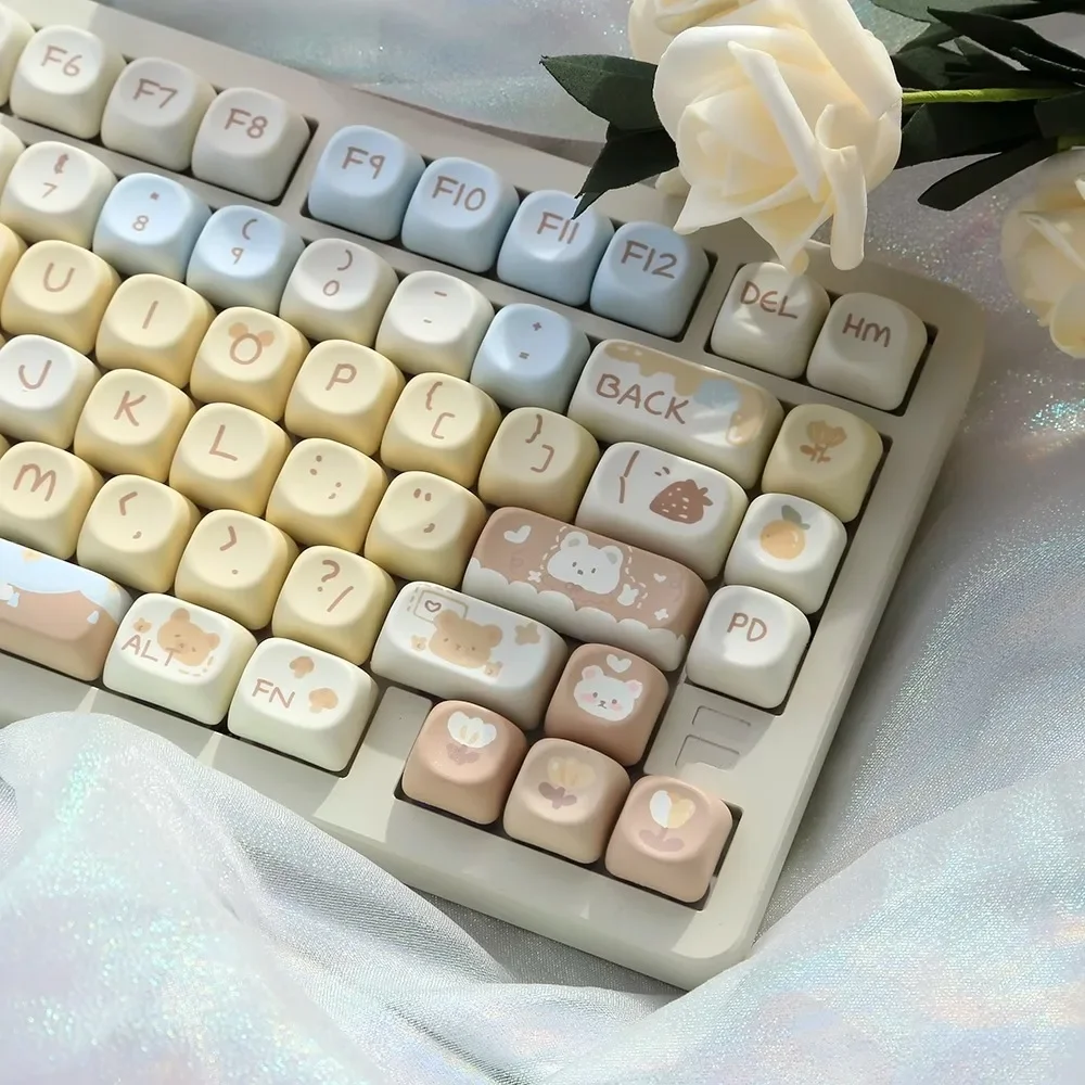 Cream Yellow Bear Cute Keycaps for Mechanical Keyboards MOA Profile PBT Key Caps DIY Gaming Keyboard Accessory 60 70 80 90 100