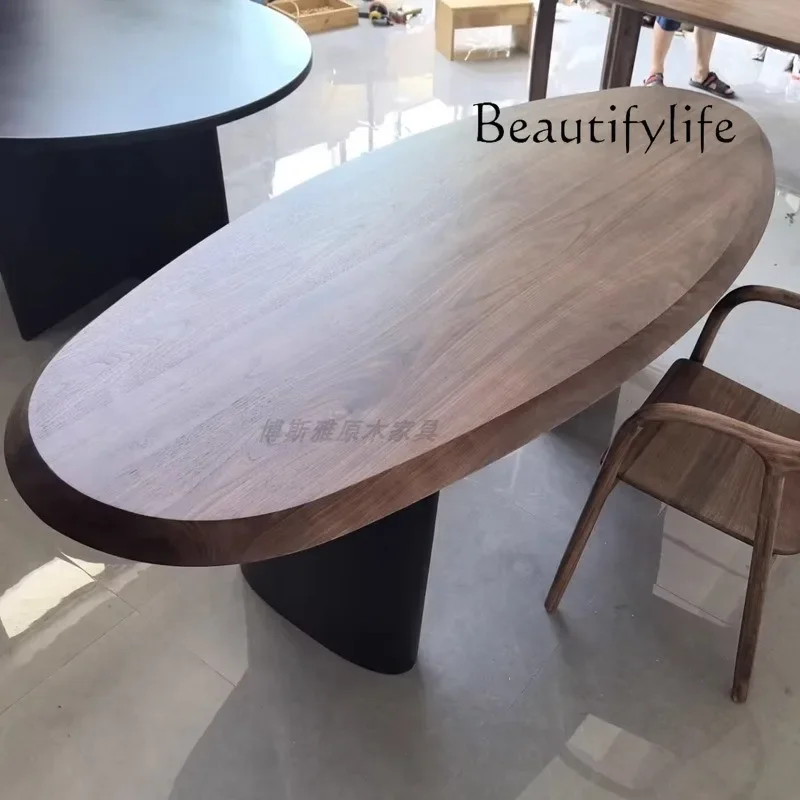 

North American oak solid wood dining table black writing desk French minimalist designer log tea table
