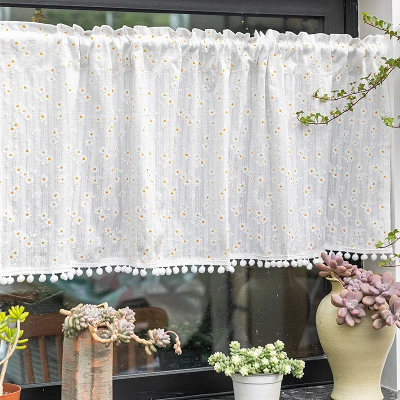 Cortinas coreanas de algodão com margaridas, cortina de bolso para estrada, borla floral para cozinha, quarto, sala de estar, janela saliente,