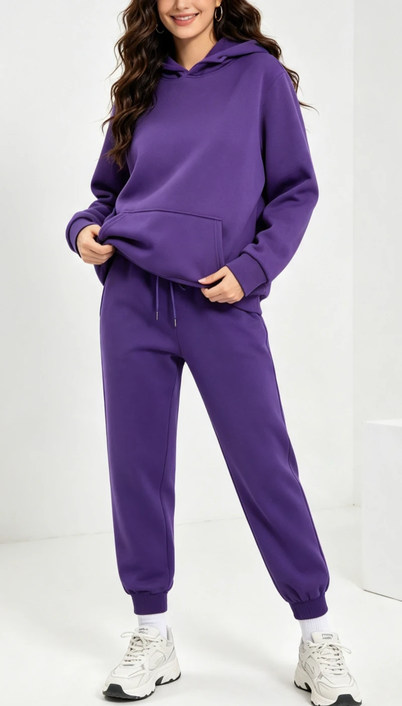 Women's Autumn and Winter Sports Suit Solid Color Hooded Sweat Drawstring Waist Pants Outdoor Walking Wear