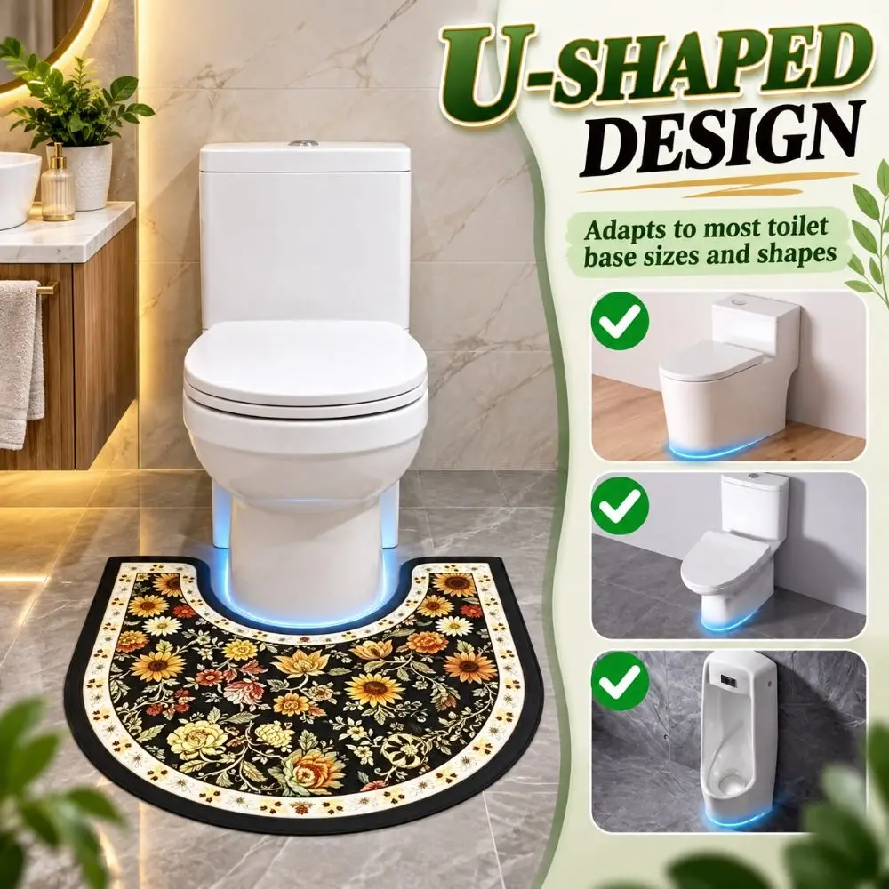 Practical Floral Pattern Toilet U-shaped Mat Non-slip Quick-dry Bathroom Floor Rug Absorbent Washable Bath Mat Household