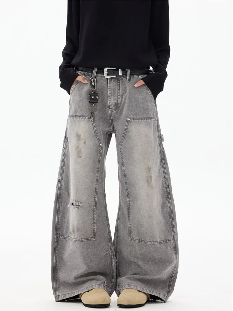 2026 Cyber Y2K Streetwear Vintage Grey Baggy Cargo Ripped Jeans Pants For Men Clothing Wide Leg Cotton Long Trousers Moda Hombre