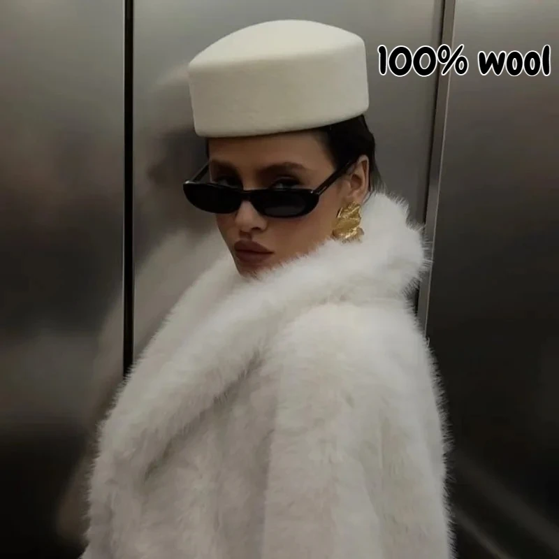 

French Hard Top Fedoras Hat 100% Wool Felt Berets Women Designer Luxury White Wedding Hats Wedding Cocktail Party Pillbox Cap