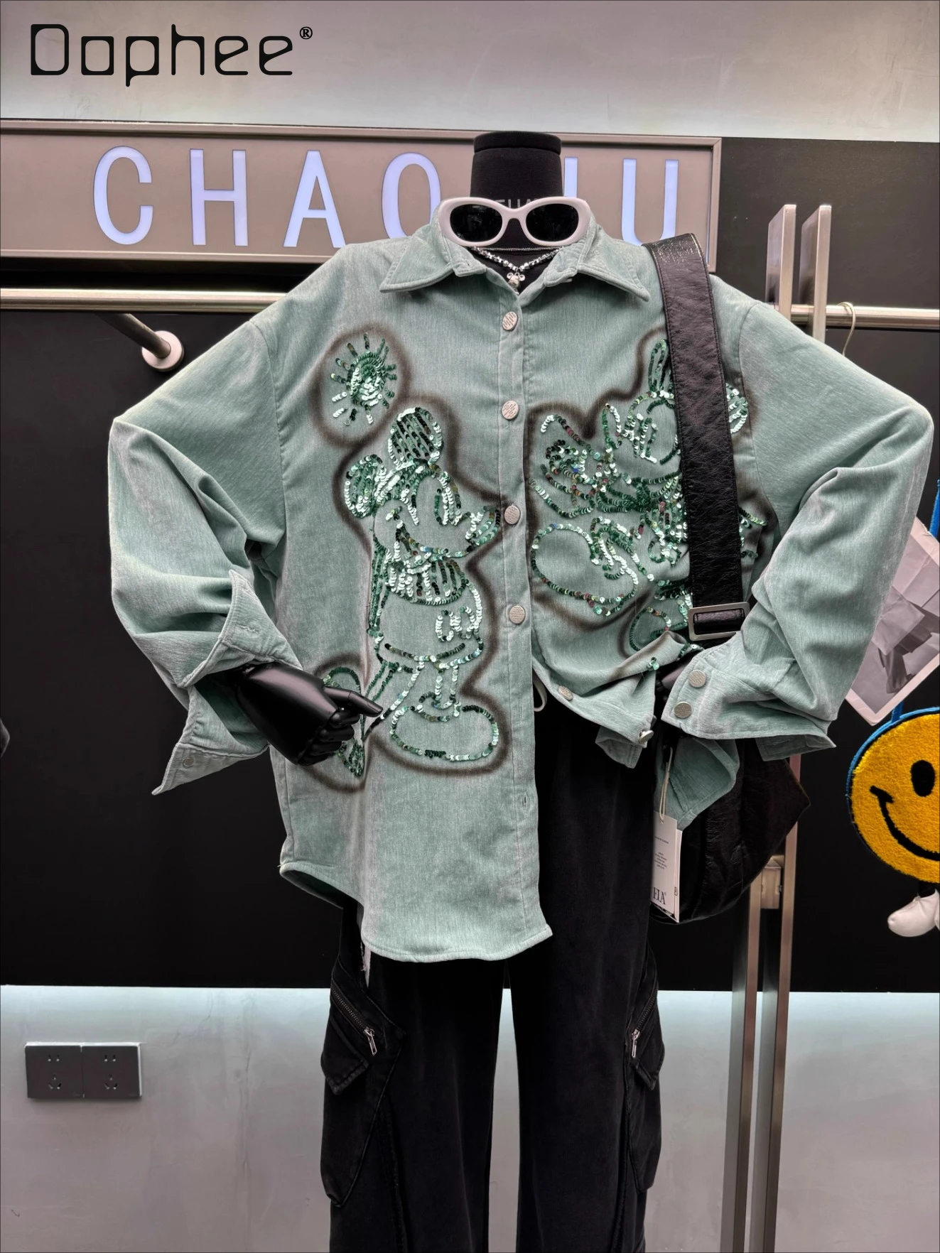 

European Style Sequin Long Sleeve Shirt 2025 Autumn New Fashion Versatile Loose Cartoon Casual Mid-Length Shirt Jacket for Women