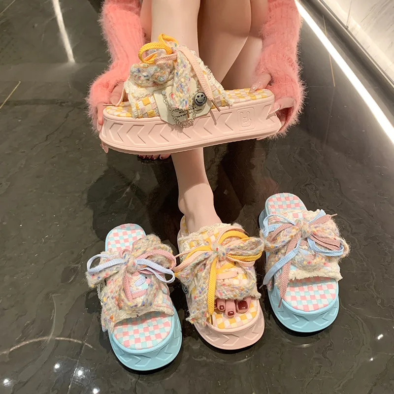 

Trendy Women's 2025 Canvas Platform Sandals Boho Chic Lace-Up Slippers for Outdoor Summer Casual Wear