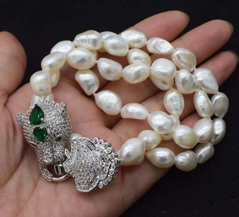 Hand knotted baroque necklace freshwater pearl white 10-10mm wholesale 24inch leopard clasp