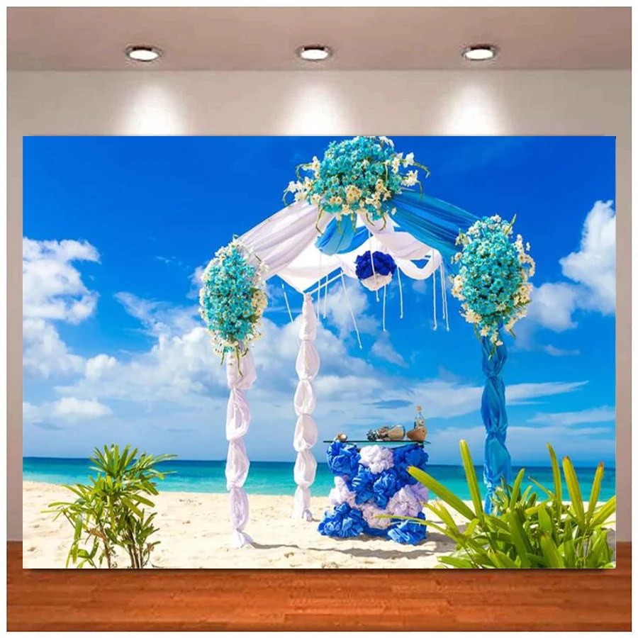 

Photography Backdrop Romantic Beach Wedding Background Photoshoot Buddha Summer Vacation Cloud Blue Sky Wedding Party Decoration