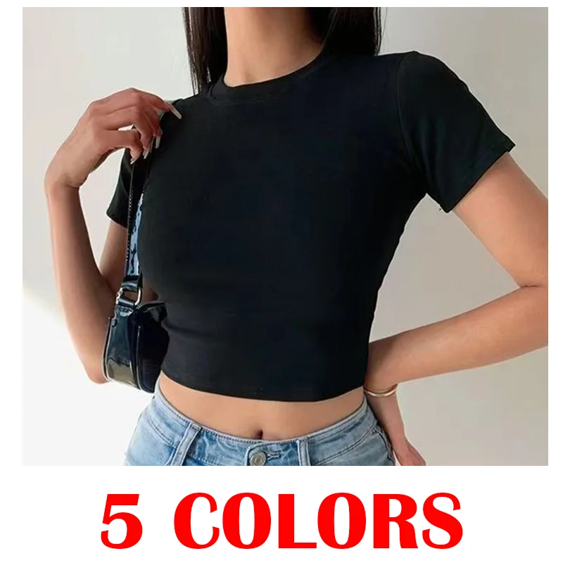 

2024 summer women's short slim top, sexy and cute round neck short sleeved solid color T-shirt, basic casual fashion top