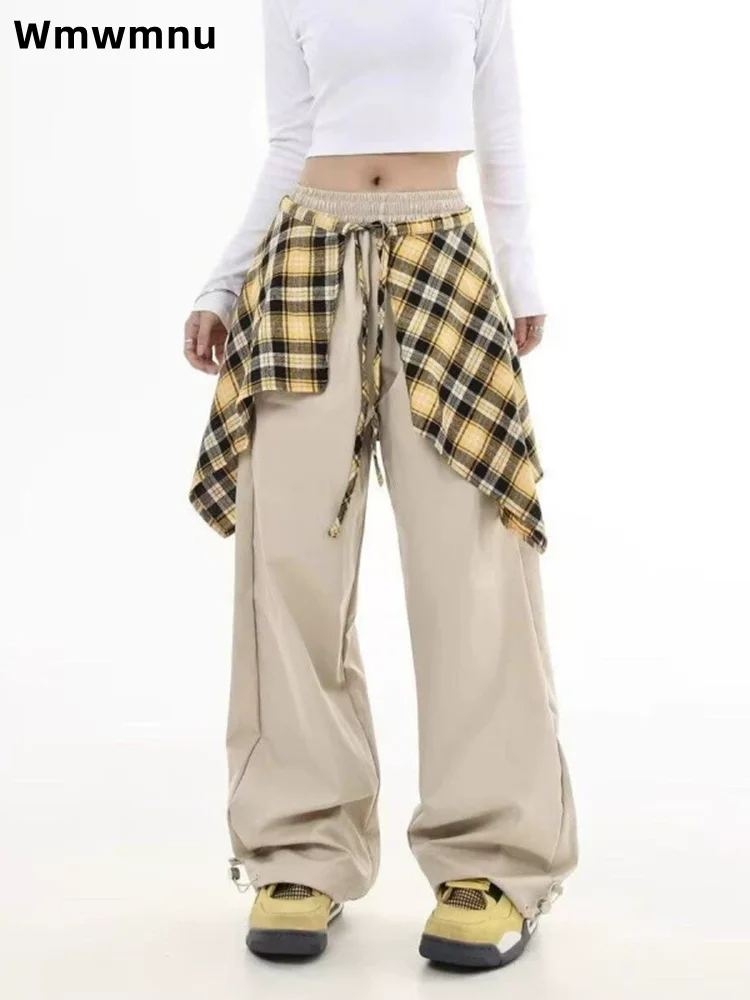 

Женская уличная одежда, клетчатая юбка, повседневные брюки, женские мешковатые модные брюки с высокой талией, новые прямые свободные широкие брюки