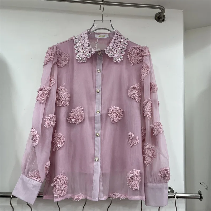 

SuperAen 2026 Spring New Three-Dimensional Flower Decorated Beaded Diamond Lapel Collar Shirt for Women Sweet Casual Tops