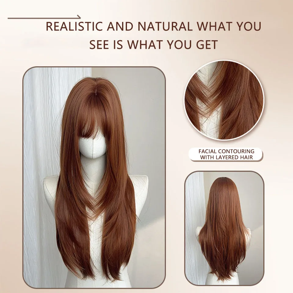 JINKAILI Synthetic Wig For Women High-Level American Sweet Bean Long Straight Hair Natural Daily Full Head Cover