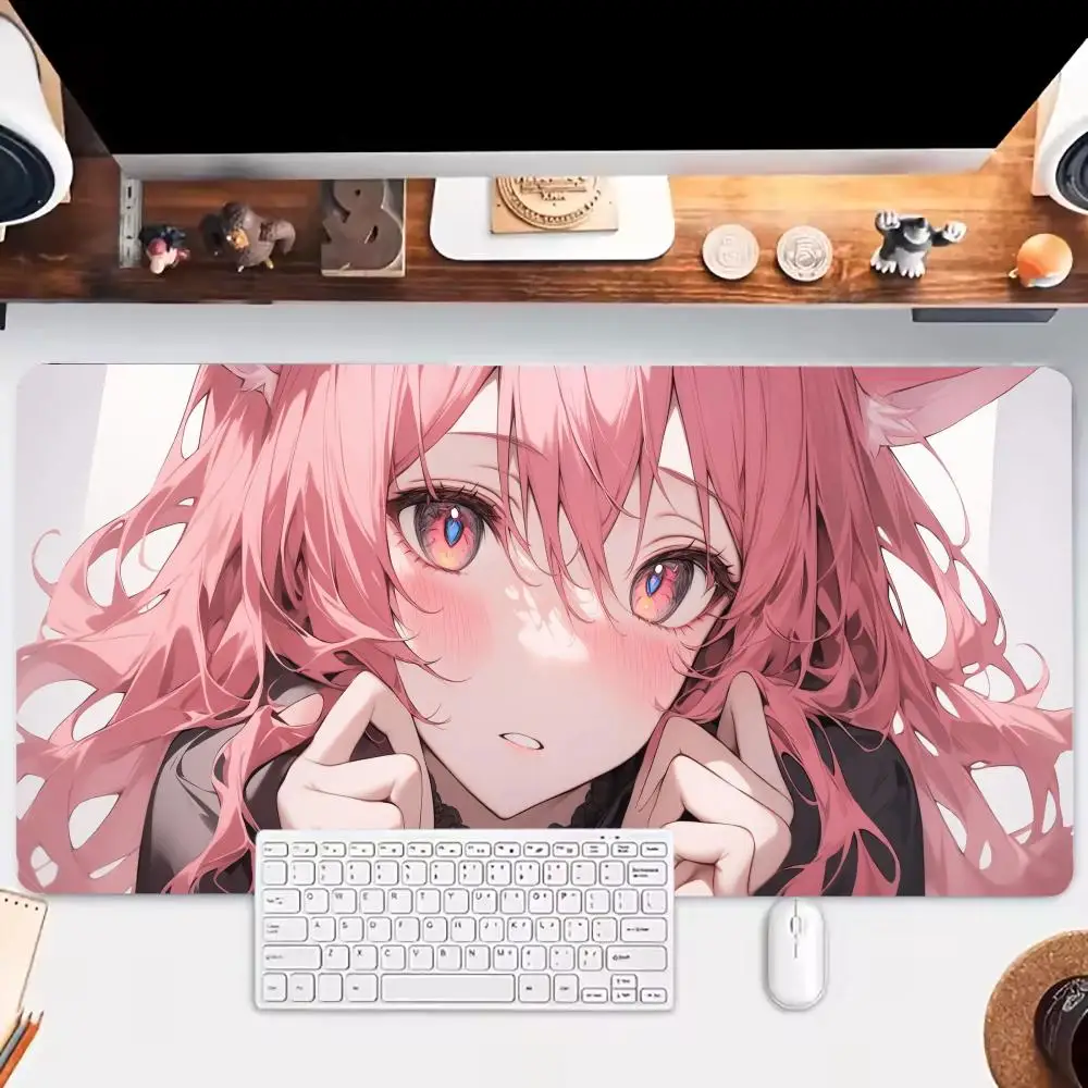 Pink Pupil Gentle Cat Ear Girl Atmospheric Desk Mat Healing Anime Style Non-Slip Stitched Edge Mouse Pad for Office Gaming