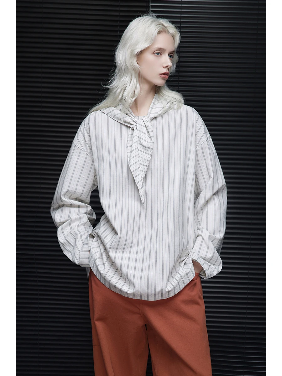 

Cotton Stripe irt Women's Pure Cotton Casual Sle Long Sve Street Faion Loose Fit Bow Design Unique And Attractive