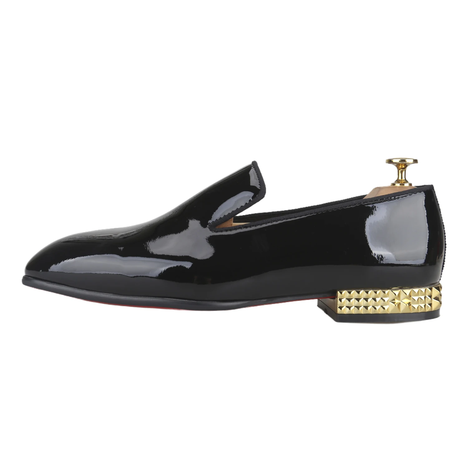 Piergitar Glossy Black Patent Leather Men's Loafers For Evening Events And Wedding Party Wear Custom Gold Heel Slip-On Shoes