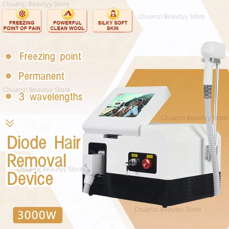 3000W 808nm Diode Laser Hair Removal Machine Alexandrit Permanent Cooling Head Painless Epilator Ice Titanium 3 Wavelength