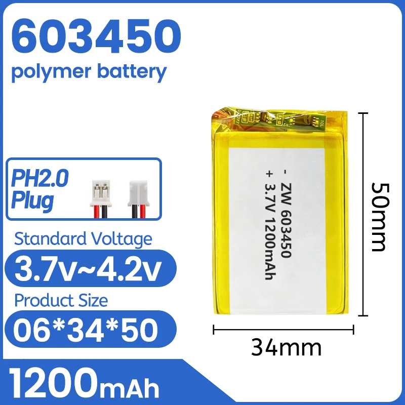 

3.7V 1200mAh 603450 Lithium Battery Lithium Polymer Batteries for Wireless Bluetooth Headset Toy Smart Watch