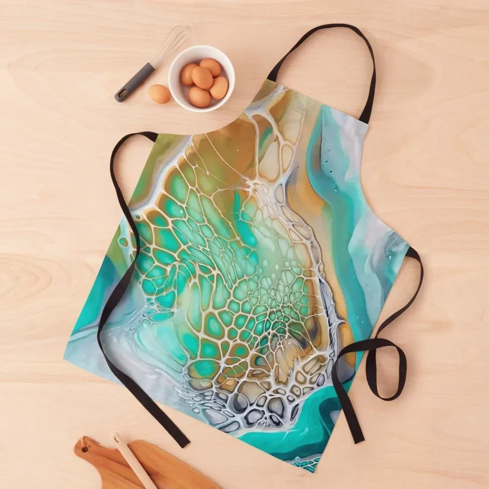 

Beautiful Green And Gold Lagoon Inspired Abstract Fluid Art Acrylic Pour Painting Apron Korean work ladies Men kitchen Apron