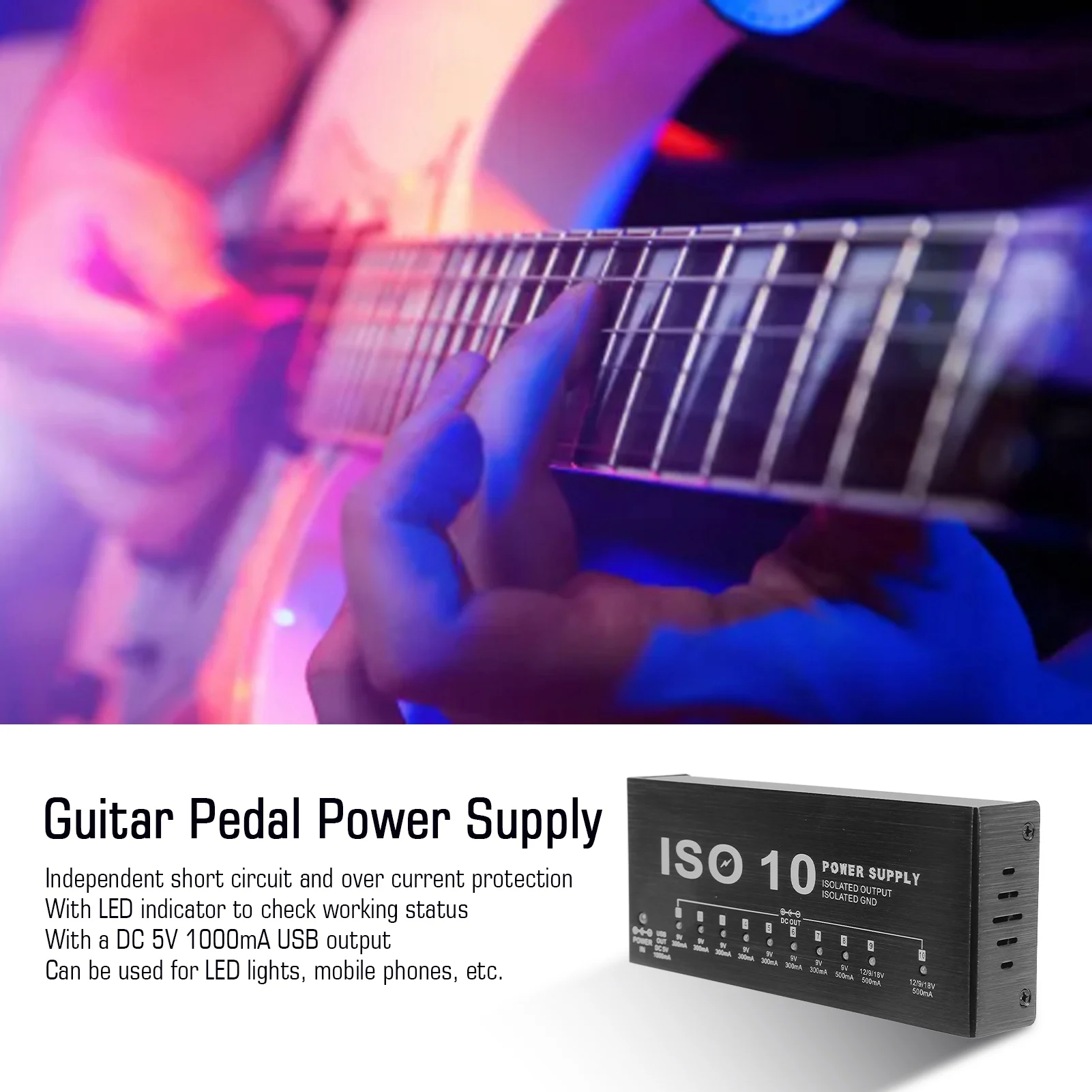 

Guitar Pedal Power Supply 10 Isolated Output Multi Effect Power with 2 Adjustable Voltage