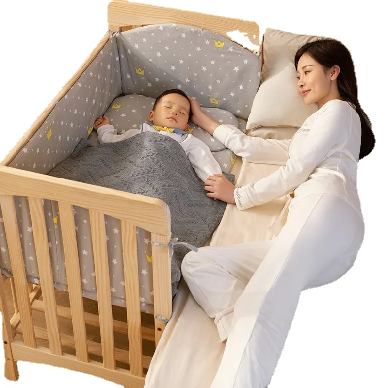 Baby crib solid wood adjustable for new bornenvironmentally friendly splicing adult bed with roller, baby playpen, play pen