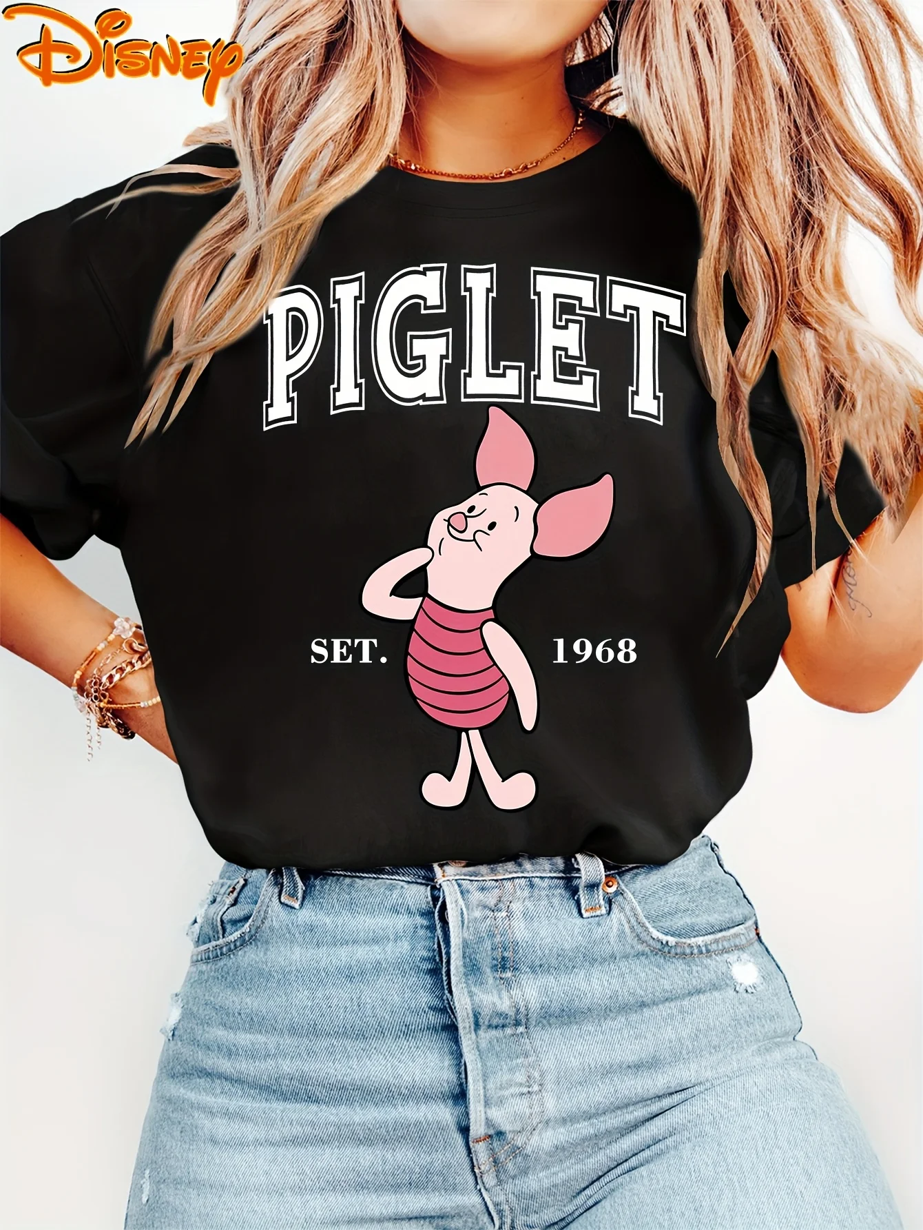 Camiseta de Winnie de Disney The Pooh Pink PIGLET, Camiseta de algodón para hombre y mujer, camiseta informal de manga corta de gran tamaño con cuello redondo, Top holgado