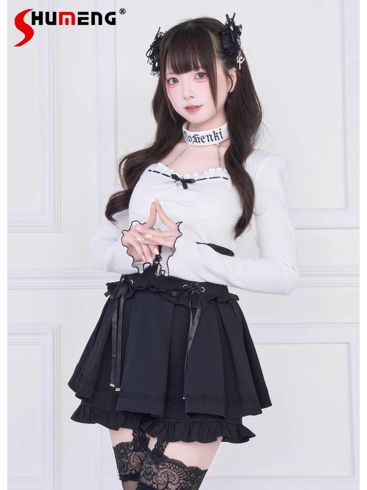 

Original Japanese Mines Style Mass-Produced Subculture Knitted Long Sleeve Tops High Waist Lace-up Bow Sweet Kawaii Skirts Women