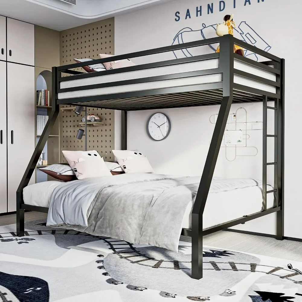 

Metal Loft Bunk Bed Twin Over Full Size with Safety Guardrail and Ladder, No Box Spring Needed Space Saving Bedroom Furn