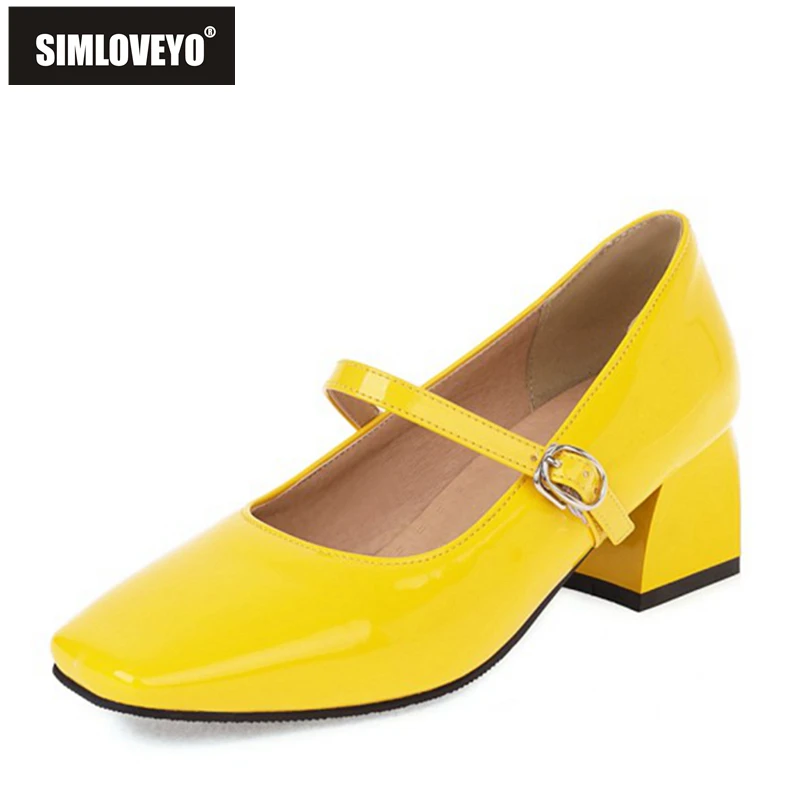 SIMLOVEYO 2021 Pumps Toe Janes Buckle Strap 5cm Chunky Heel Shoes US20 Black Red Apricot Blue Yellow A4247