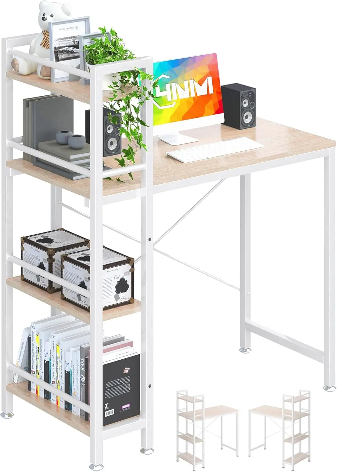 

35' Small Computer Desk with 4-Tier Bookshelf, Home Office Desk Writing Workstation Study Table