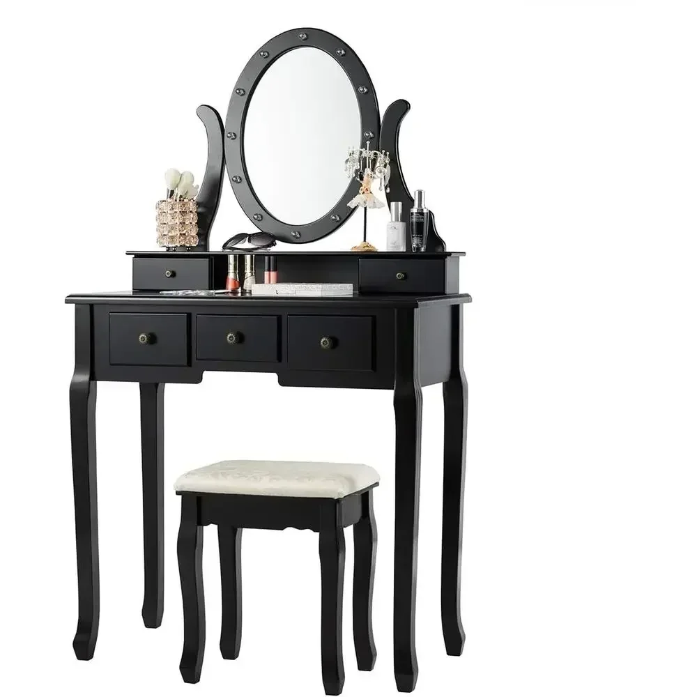 360° Rotating Oval Makeup Mirror Vanity Set with Cushioned Stool, 5 Drawers, 12 LED Lights, Detachable Top, Ideal for Dressing R