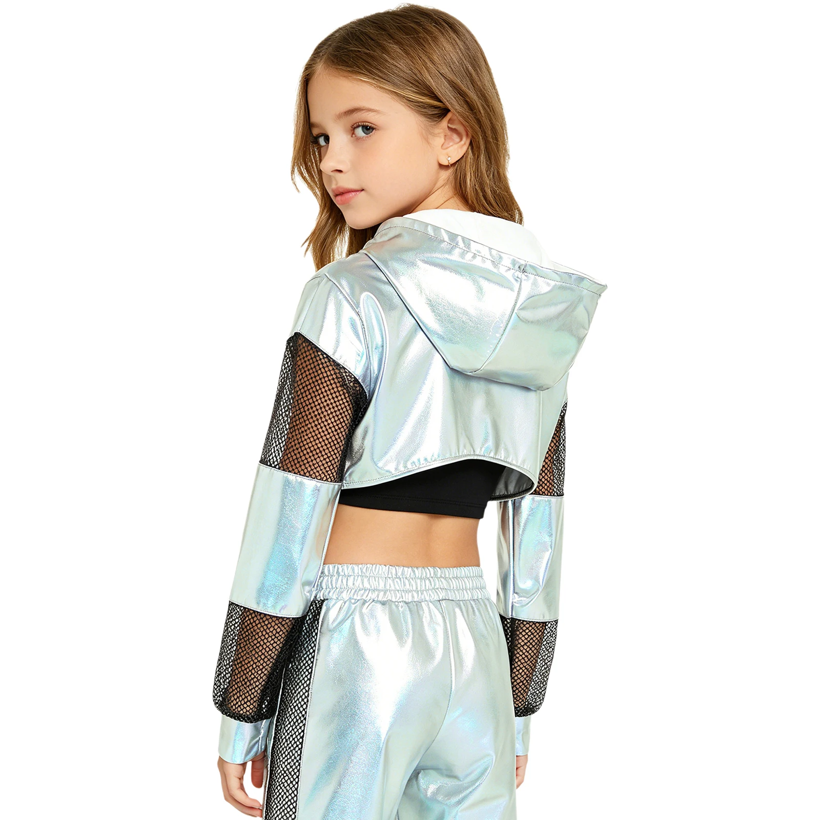 Kinder Mädchen Metallic Hoodie Hip-Hop Jazz Dance Performance Kostüm Mesh Patchwork Langarm Kapuzenpullover Crop Top Sweatshirt – Detail 3