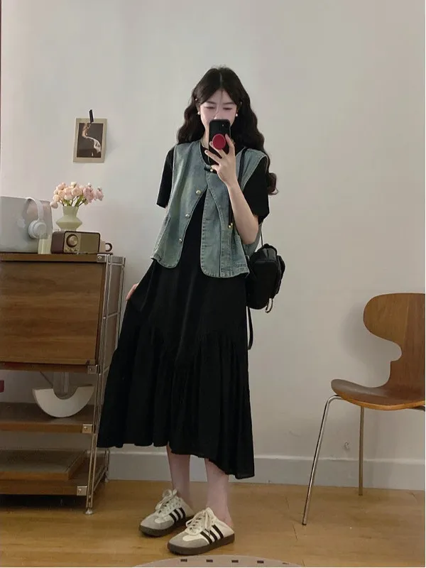 

plus Size Fashionable Denim Vest And Dress Set Black Short Sleeve Summer Design Korean Style Loose Fit Mid-Length Skirt