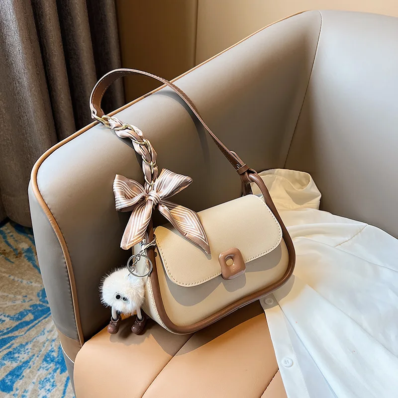 Popular One Shoulder Bag Girl Autumn One-shoulder Messenger Bag+ Small Pendant Texture Underarm Small Bag with Scarf Bow Weaven