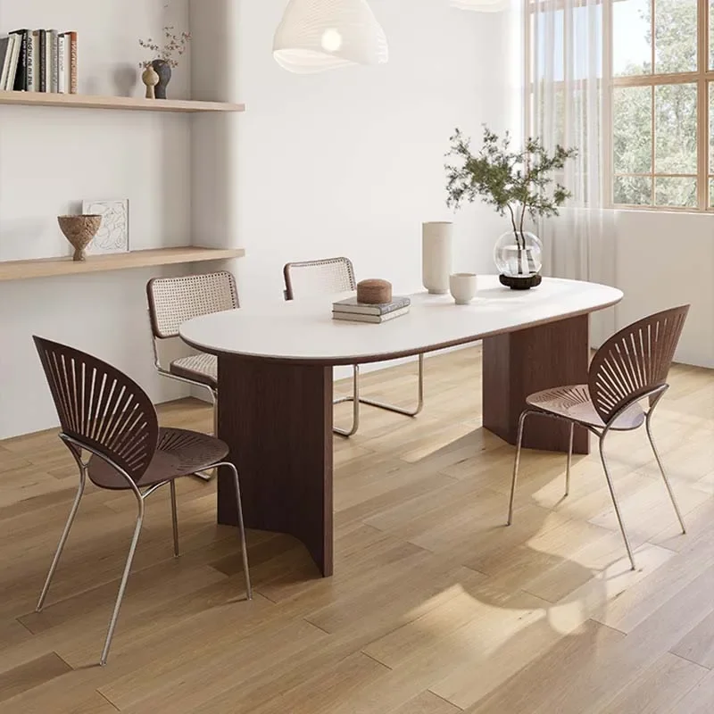 Originality Modern Design Rectangular Wooden Dining Table Modern Funky European Restaurant Rattan Muebles Trendy Furniture