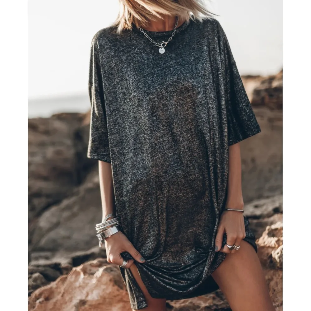 

Fashion O Neck Short Sleeve Split Hem Lovely Dresses Women Loose Shiny T-shirt Dress Vestidos Summer Female Streetwear Outfits