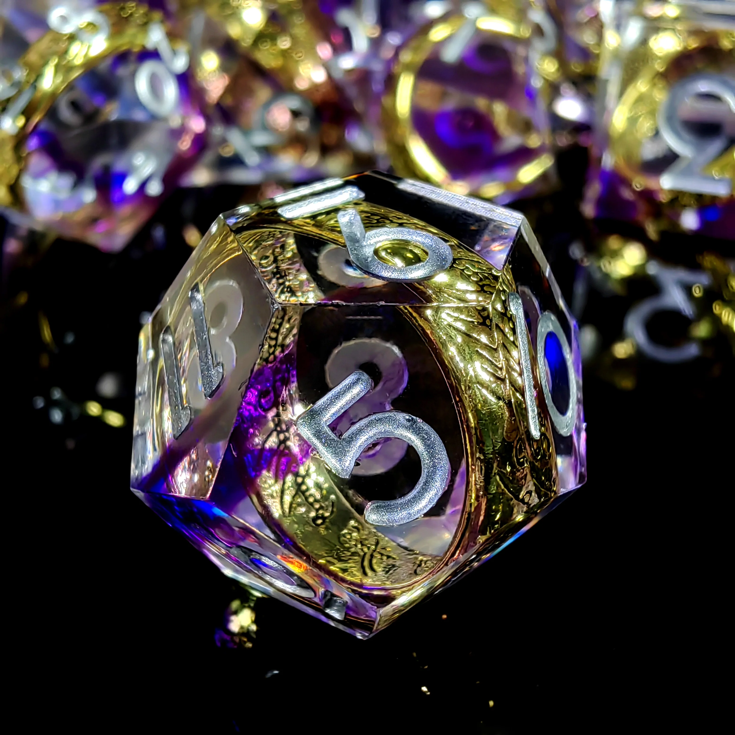 Purple Resin DnD Dice Set with Built-in Ring, 7-Piece Polyhedral Dice for Dungeons & Dragons, RPG Tabletop Games