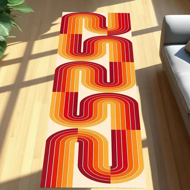 Retro Wave Runner Rug with Orange and Brown Swirl Rug Funky Mid Century Modern Carpet 70s Aesthetic Hallway Floor Decor for Home