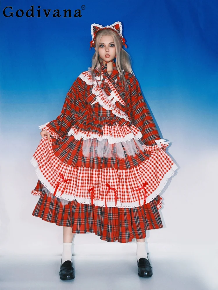 Japanese Chic Ruffles Sweet Girl Elastic Waist Loose Heavy Industry Skirt Spring Autumn Fashion Retro Cute Red Plaid Cake Skirts