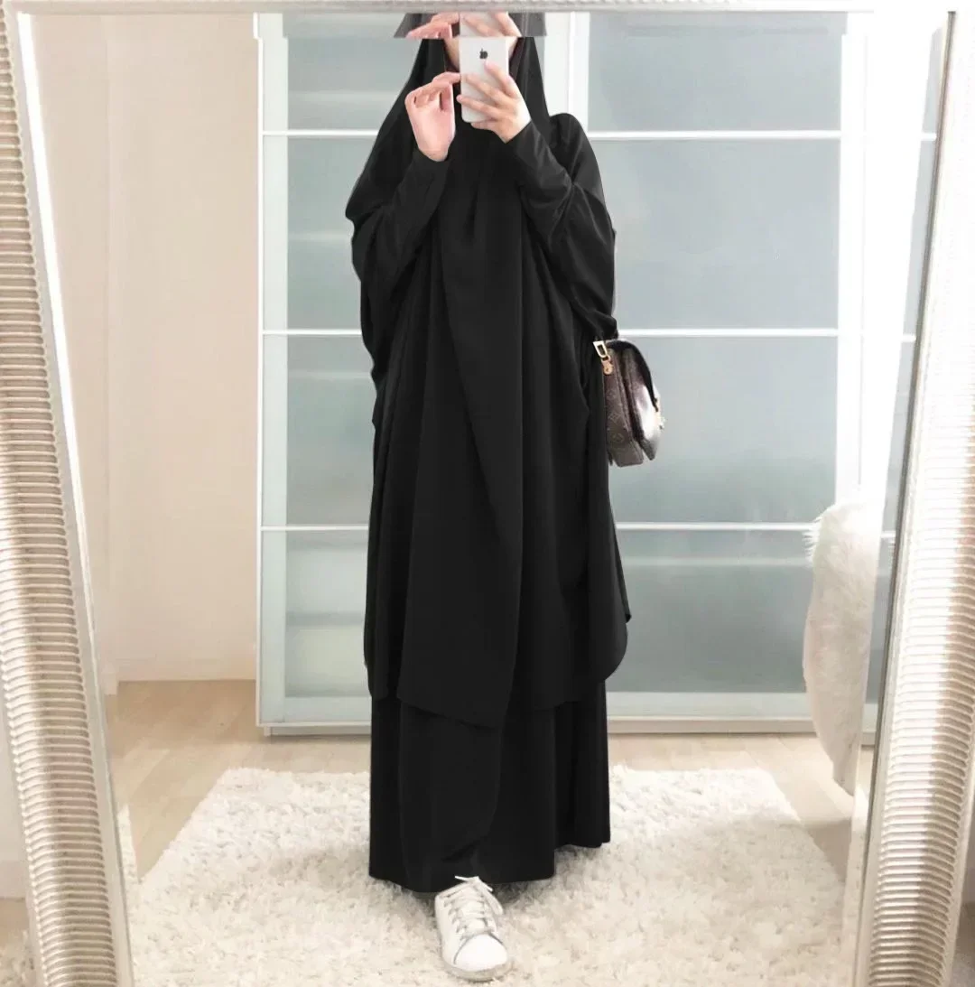 Eid Hooded Muslim Women Abaya Jilbab 2 Piece Set Long Khimar Hijab Dress Nida Prayer Garment FullCover Ramadan Gown Abayas Skirt