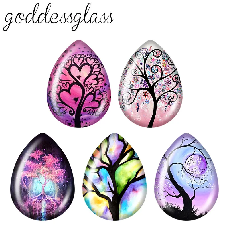 5pairs Colorful Life tree Hearts Love Family Tree teardrop shape Photo Glass cabochon flat back For DIY Jewelry Making Findings