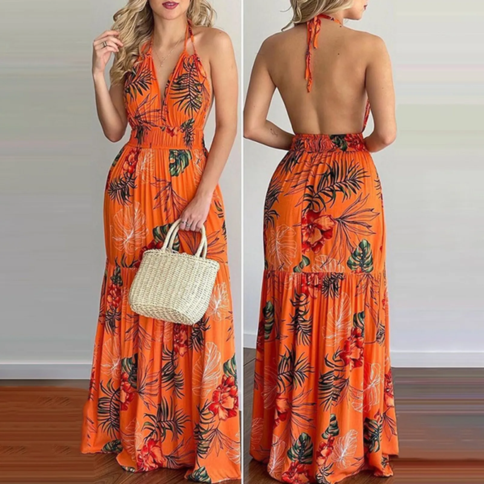 Sommer Lange Kleid Böhmen Floral Casual Kleider Sexy Backless Halter Liebsten 2023 Strand Sommerkleid Urlaub Kleidung Für Frauen