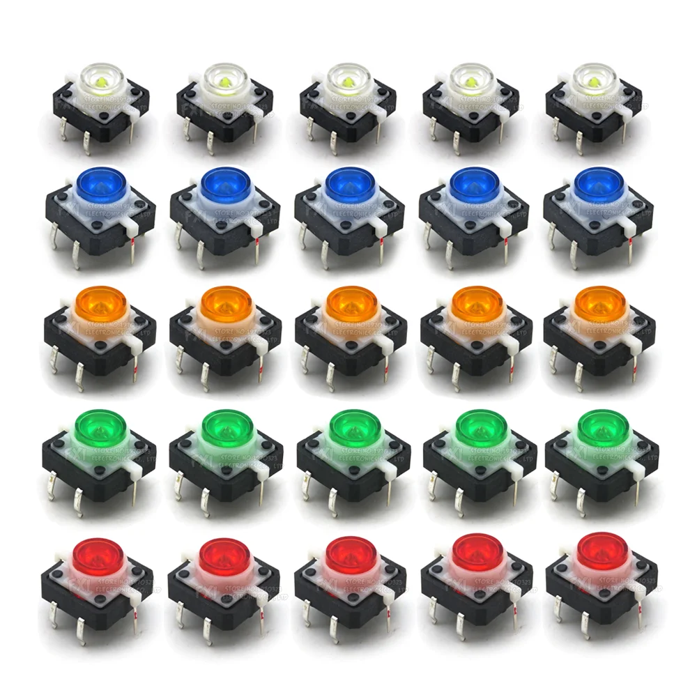 5PCS/lot 12X12X7.3mm Tactile Push Button Switch Momentary Tact LED 5 Color 12*12*7.3mm 12*12*7.3 Red Green Blue Yellow White