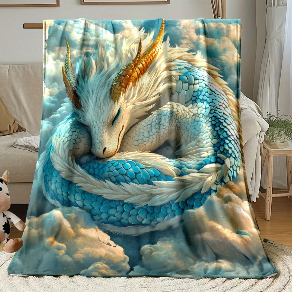 

Mythic Sky Blue Dragon Throw Blanket - Enchanted Cloud Pattern Cozy Sofa Bed Cover for Magical Modern Home Decor