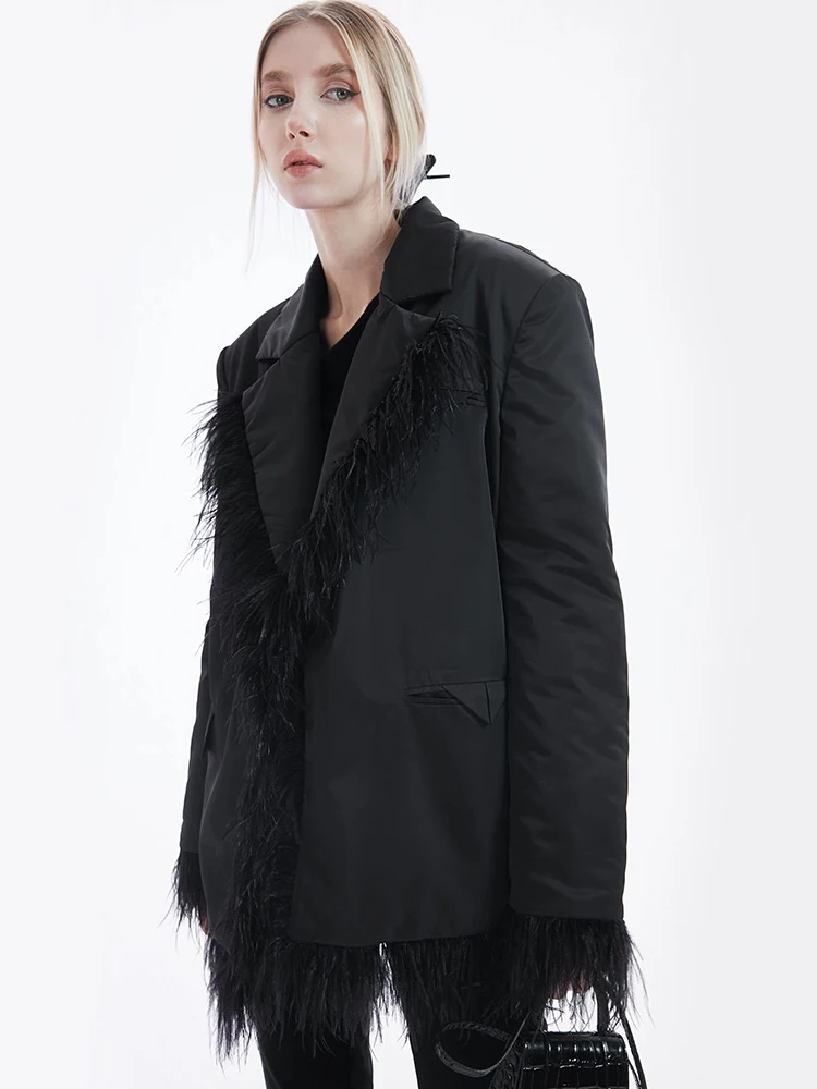 

Женская удлиненная куртка Jqwention с отложным воротником и подплечниками из матовых страусиных перьев, для повседневной носки