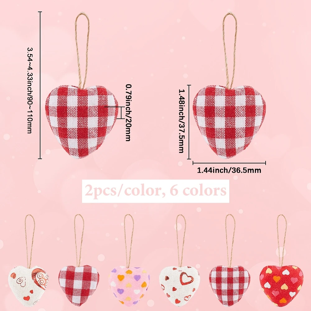 12PCS 6Styles Red Pink White Heart Shaped Fabric Ornaments Valentine Day Soft Plaid Checkered Hearts Foam Hanging Decoration