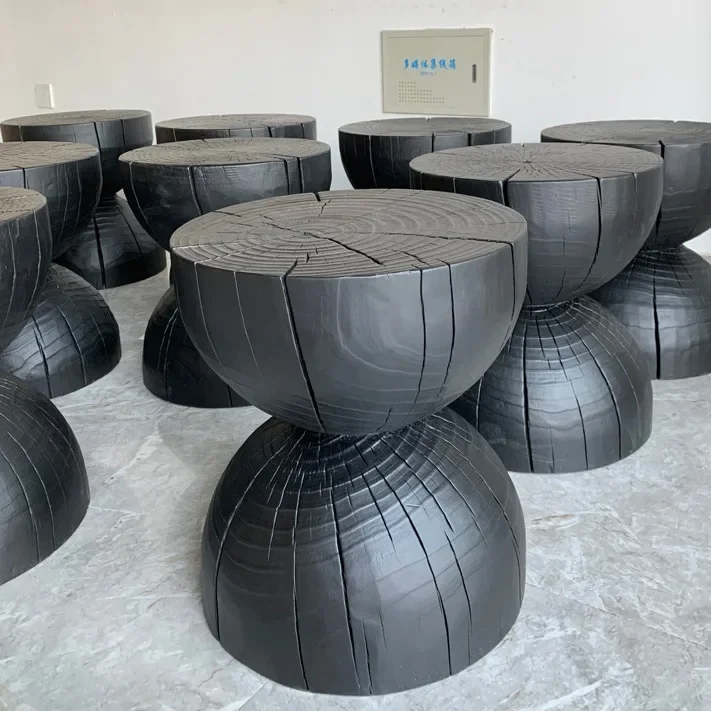 Wooden pier carbonized solid wood round low stool log stake B & B corner few simple creative black solid wood sofa edge few