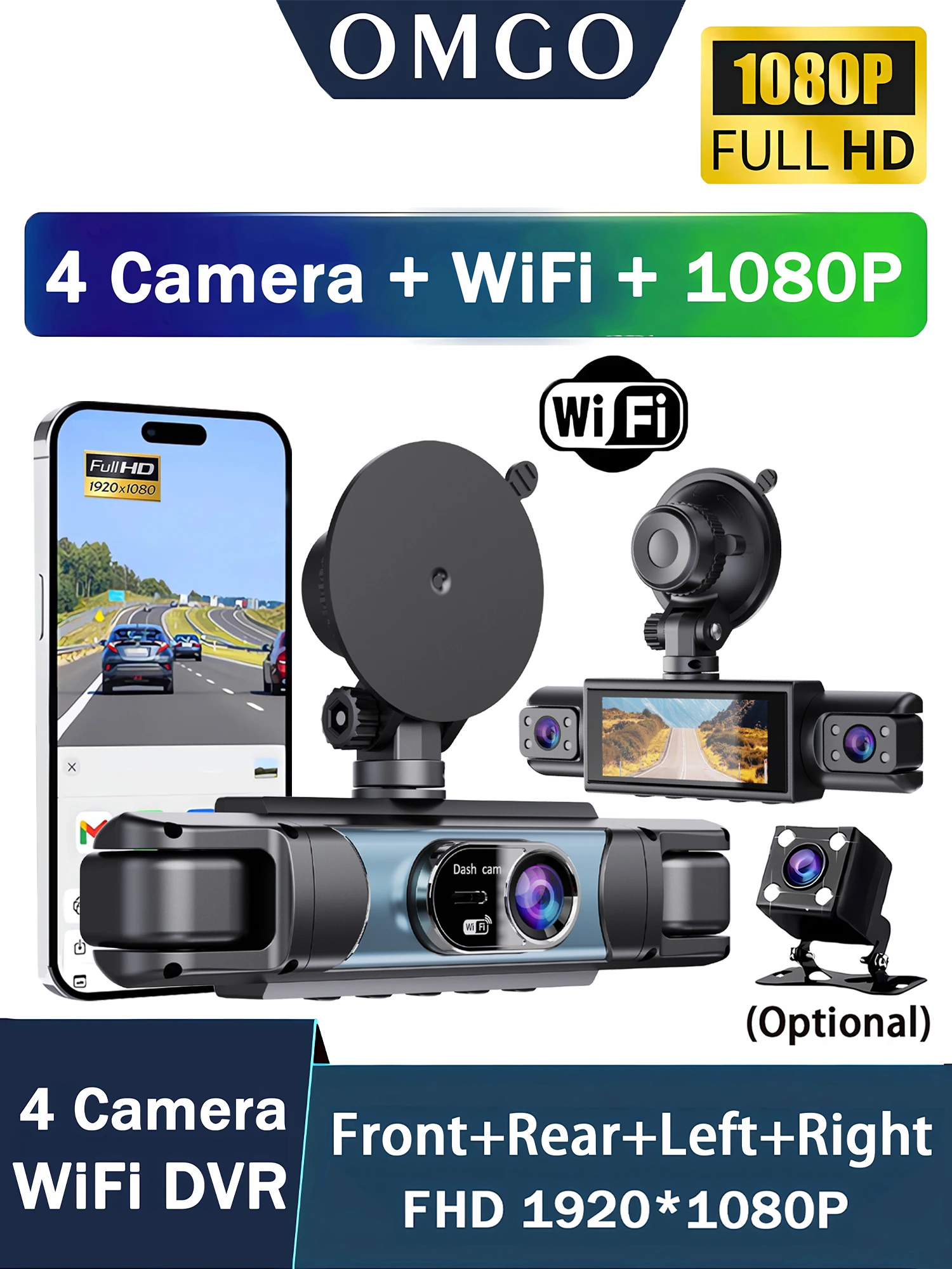 4-kanałowy wideorejestrator samochodowy 360 stopni FHD 1080P WiFi z aplikacją, rejestrator jazdy z 4 obiektywami, kamera cofania — 2