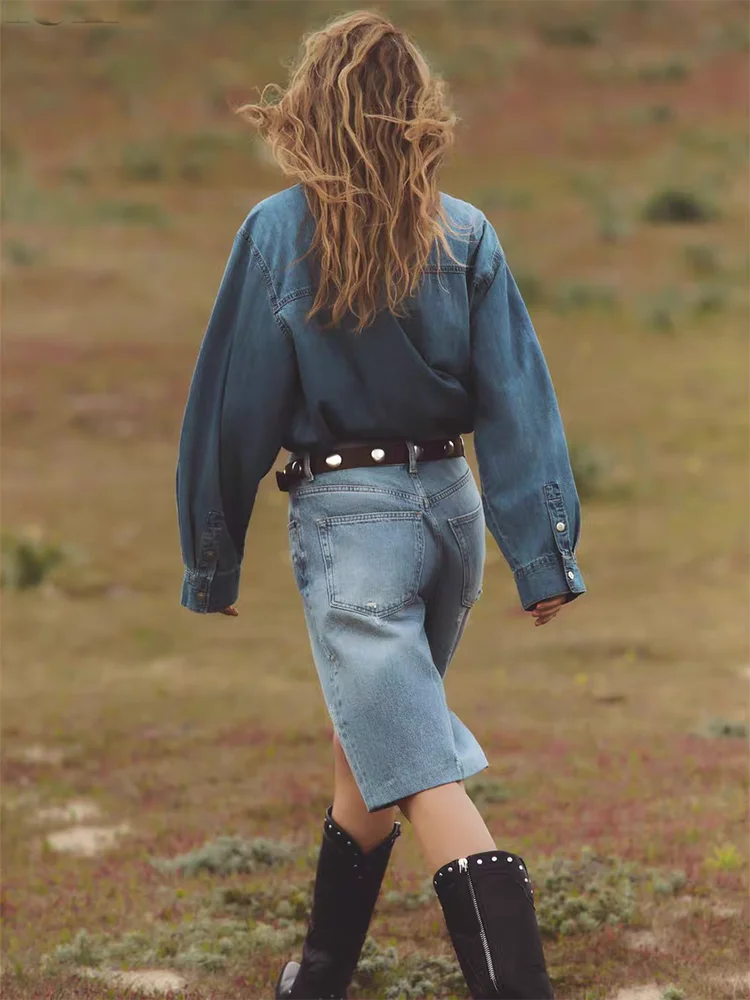 

Spring New Arrival Women's irt Single Button Tie Denim Long Sve Retro Collar Commute Sle Faion Ladies' Premium irt
