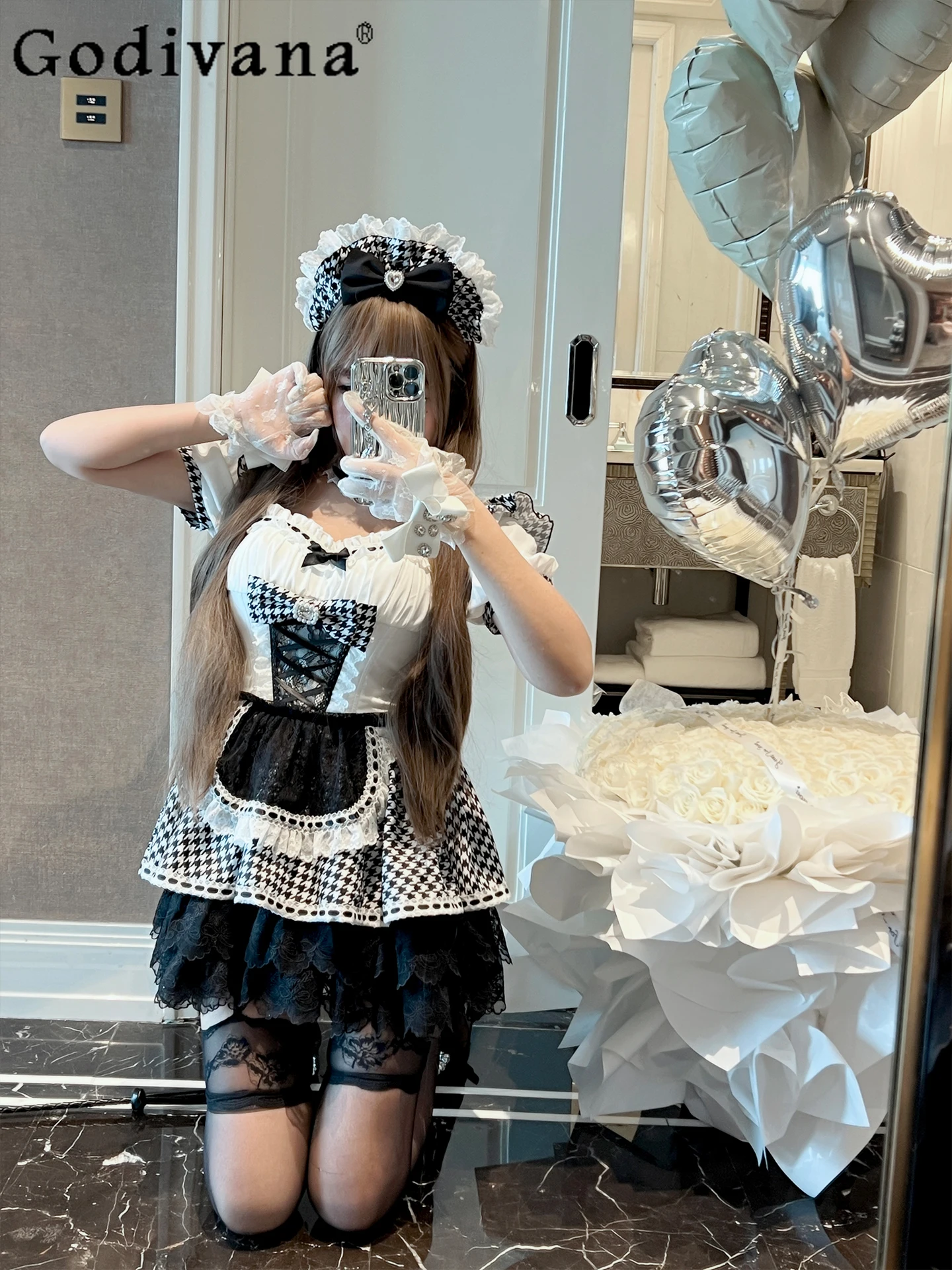 

Cute Sweet Soft Girl Japanese Original Lolita Festival Dress Kawaii Cosplay Bow Short Sleeve Dress