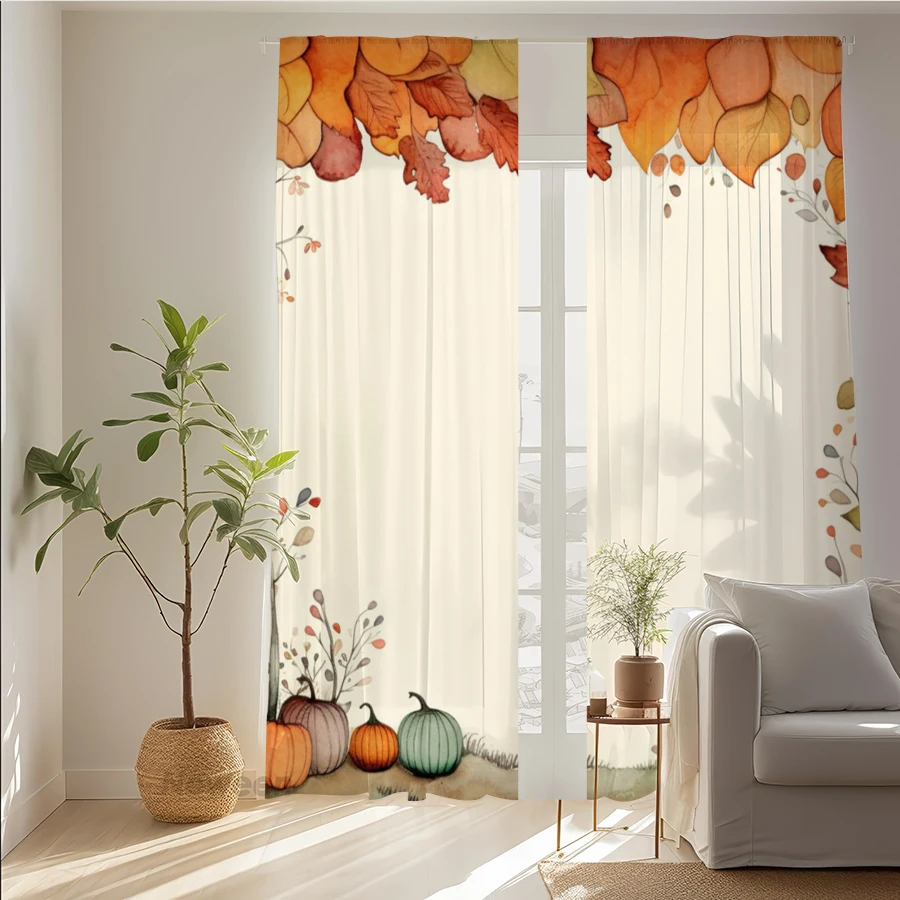 2PCS Digital Print Sheer Curtain, Watercolor Pumpkin Autumn Leaves Fall Foliage Window Drapes for Living Room Bedroom Home Decor