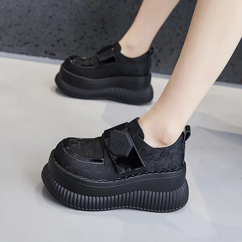 Women 8.5cm Thick Sole Loafers Slip On Spring Summer Height Increasing Shoes Petite Friendly New Chinese Style